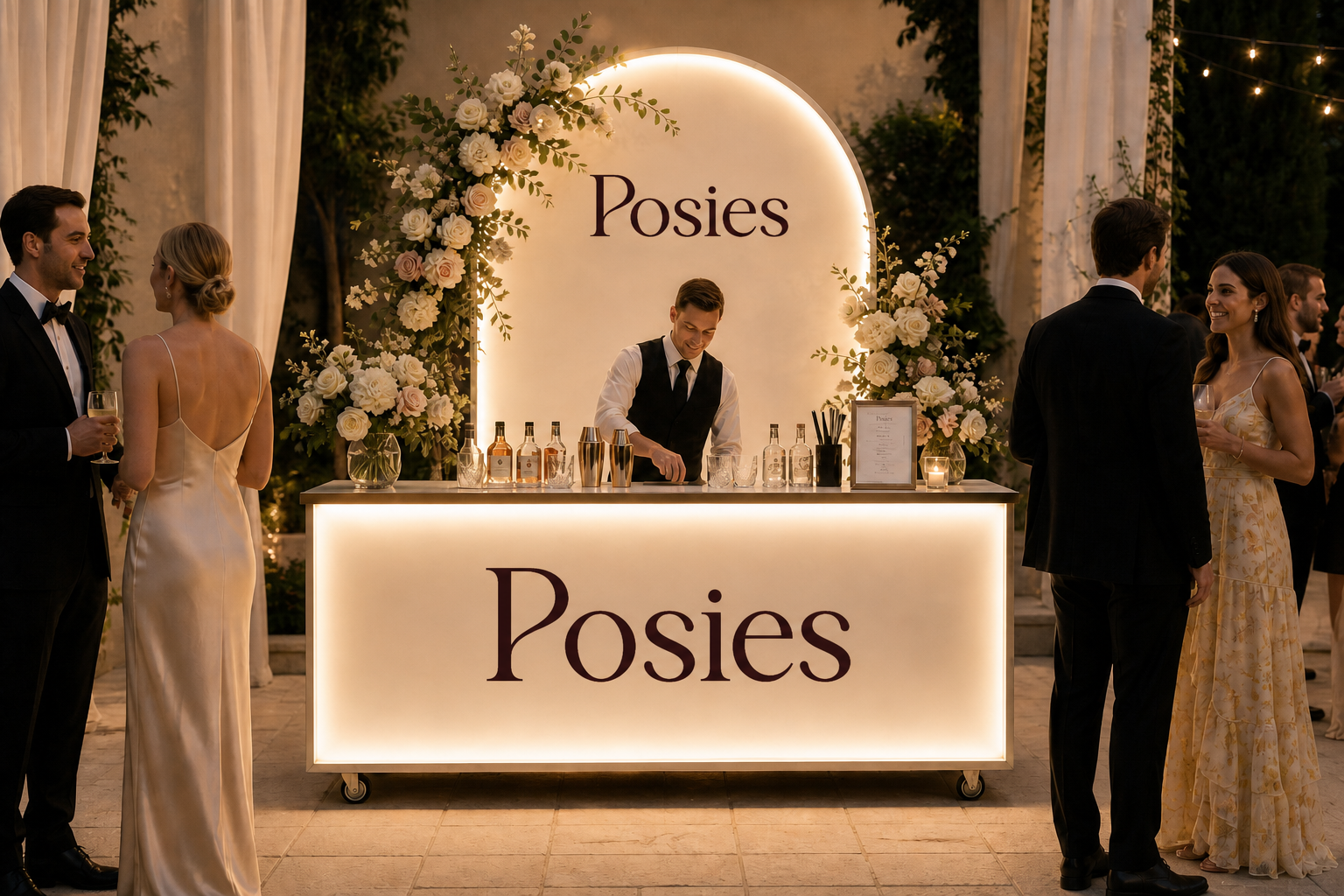 Posies Bar illuminated bar with floral arch at an evening wedding